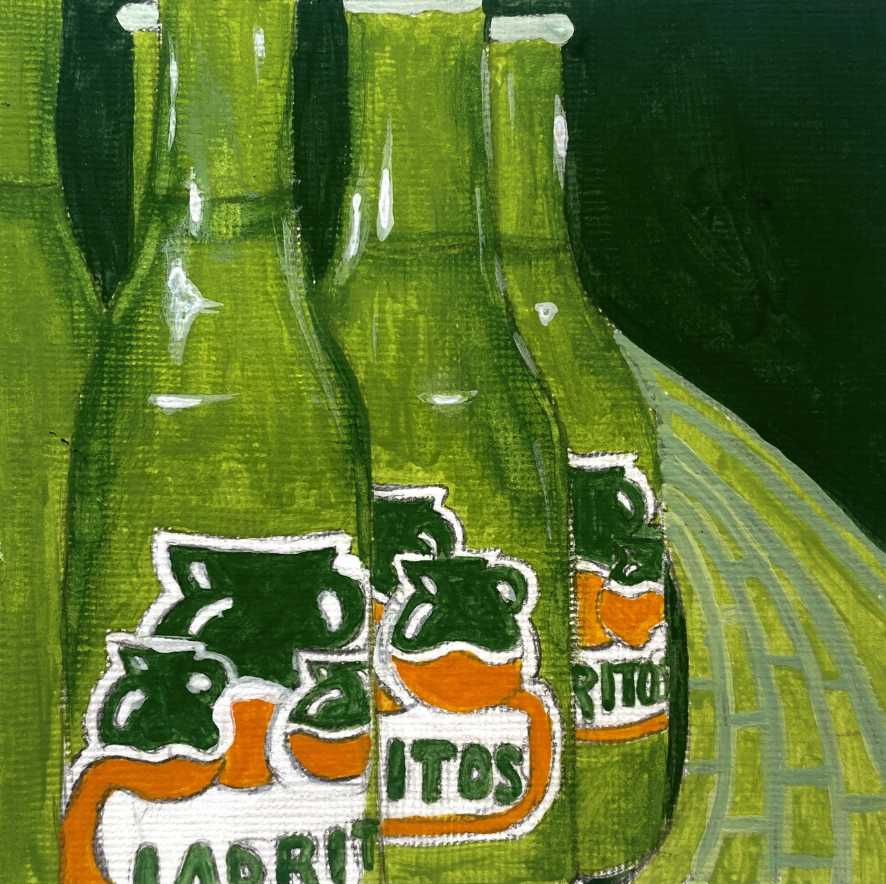 A painting of bottles of jarritos.