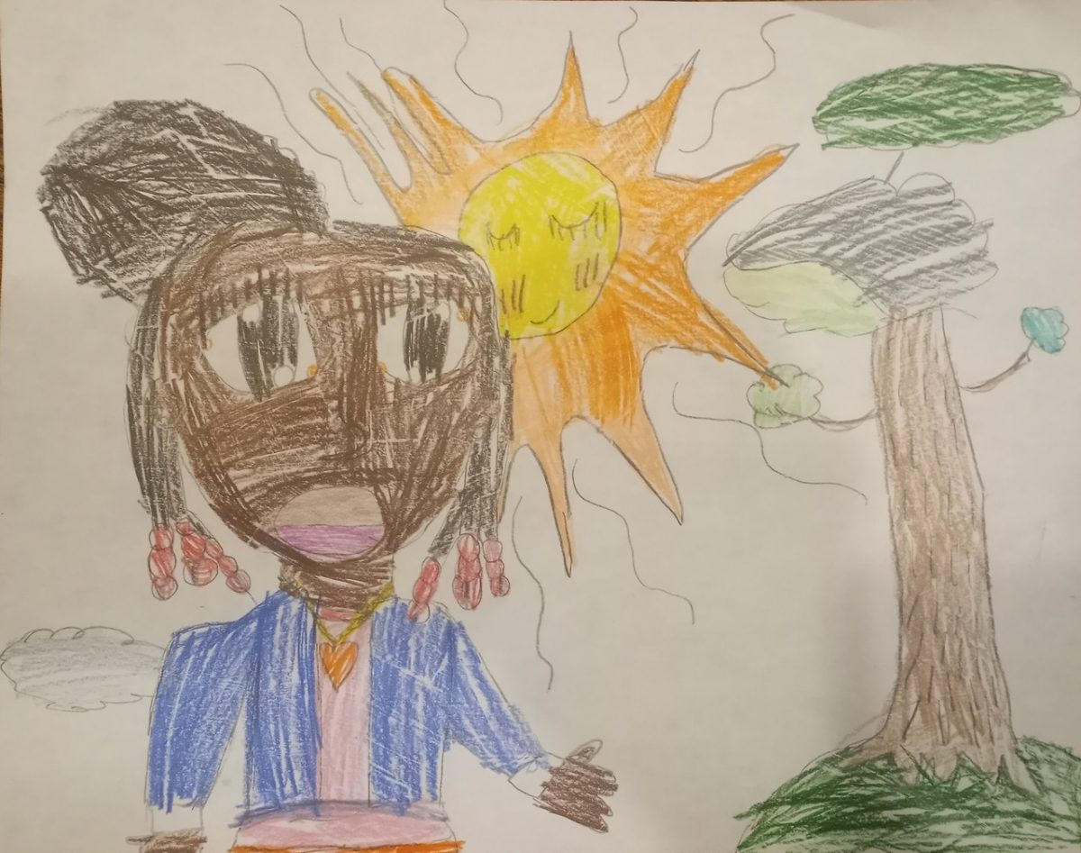 A drawing of a girl with pink beads in her hair, a blue sweater, and a pink shirt outside near the sun and a tree.