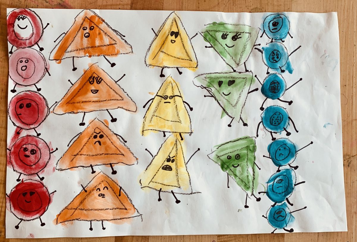 Columns of watercolor shapes turned into characters. From left to right, columns of red circle characters, orange triangle characters, yellow triangle characters, green triangle characters, and blue circle characters.