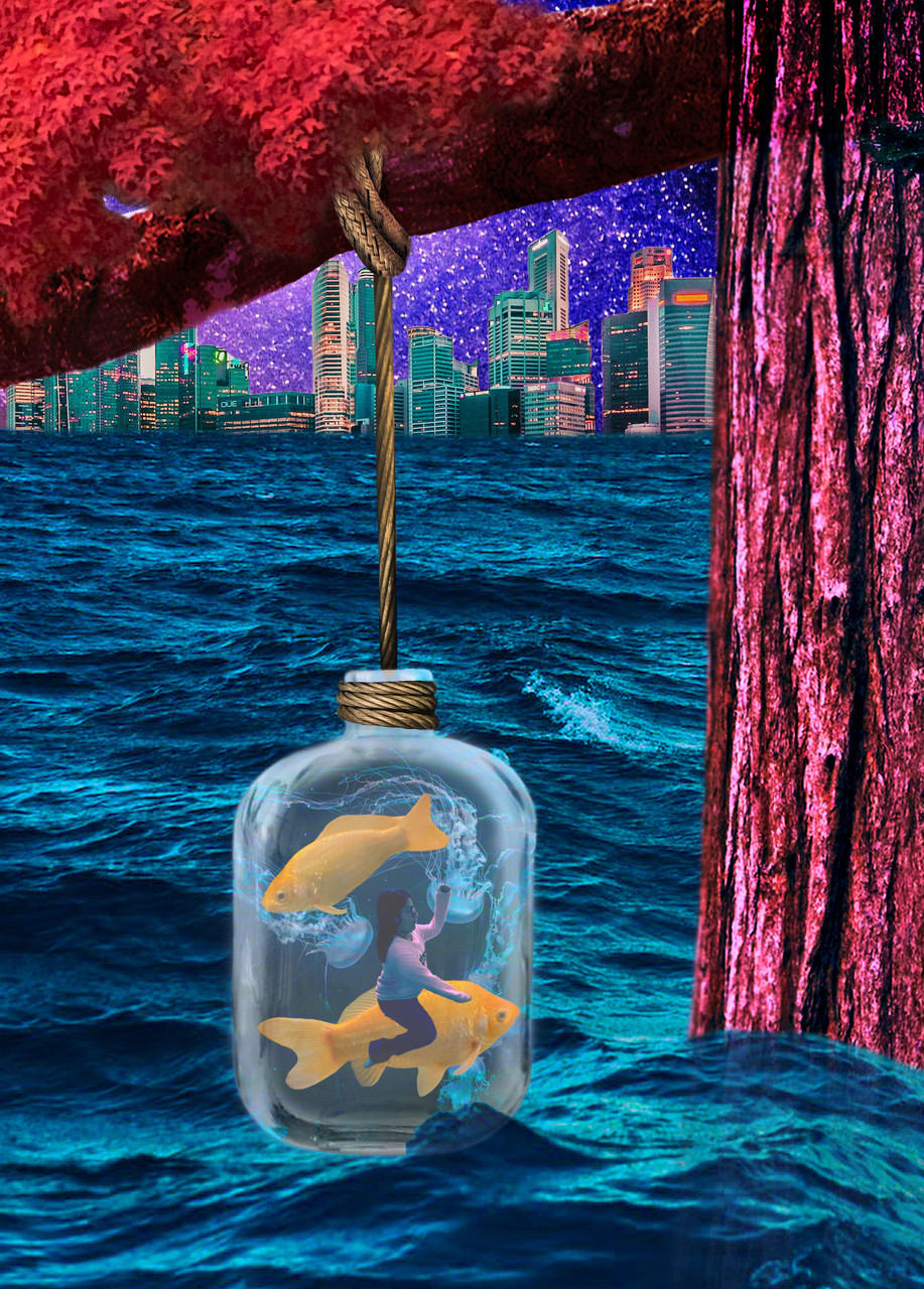 Fish in a mason jar above the sea.