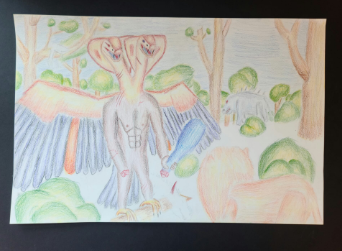 A creature walks through a forest. The creature has blue wings and an odd shaped peach body.
