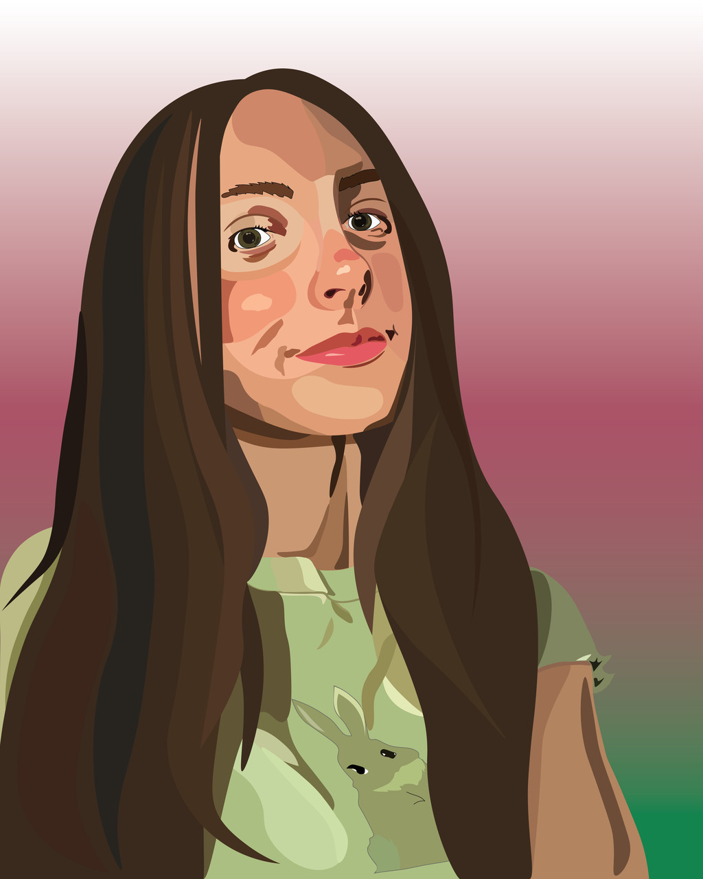 A digital drawing of a smiling person with long hair. They are wearing a light green shirt. The background is a red to green gradient.