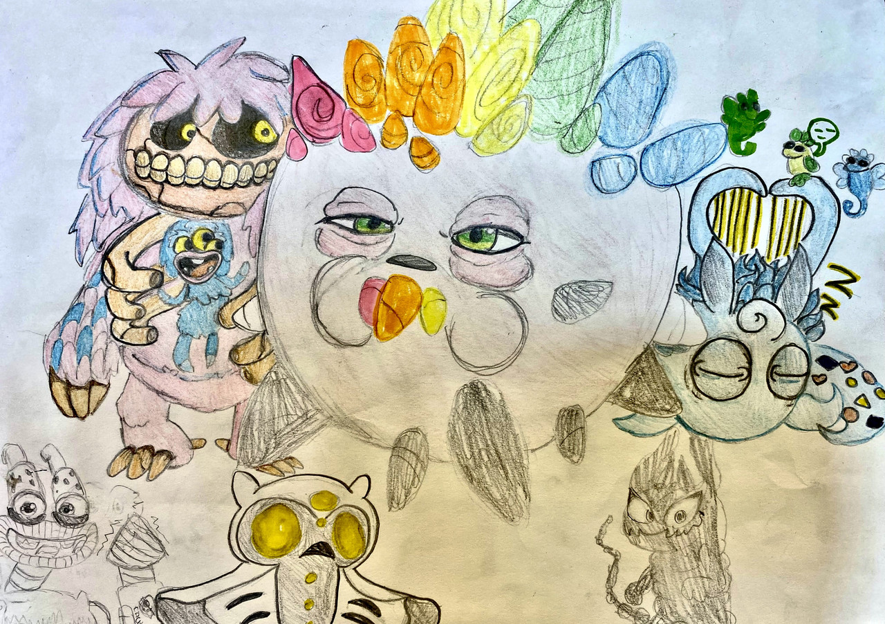 Many colorful original characters drawn by the artist.