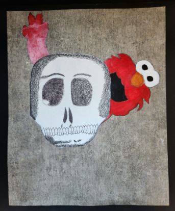 A smiling Elmo peaks out behind a black and white skull.