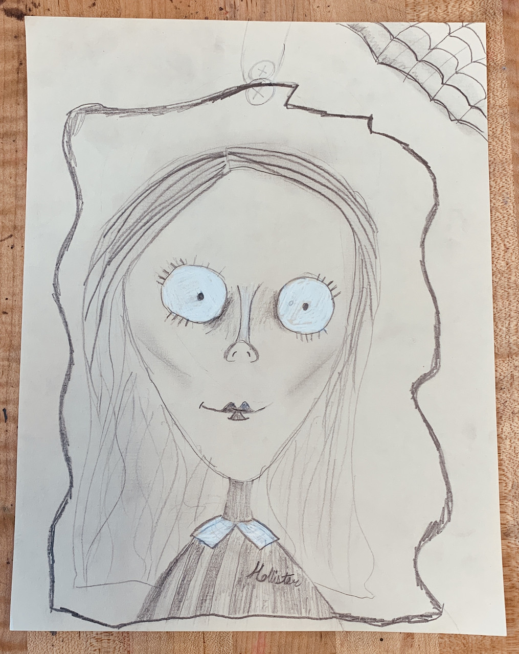 Drawing of a girl with long hair, pursed, small lips, and large eyes. She wears a top with a collar.