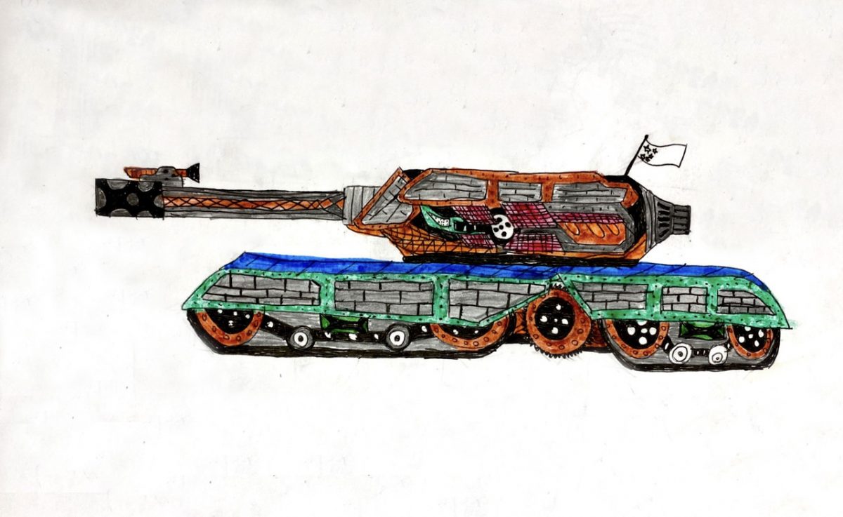 Prototype drawing of a colorful orange and blue tank that can convert to a robot.
