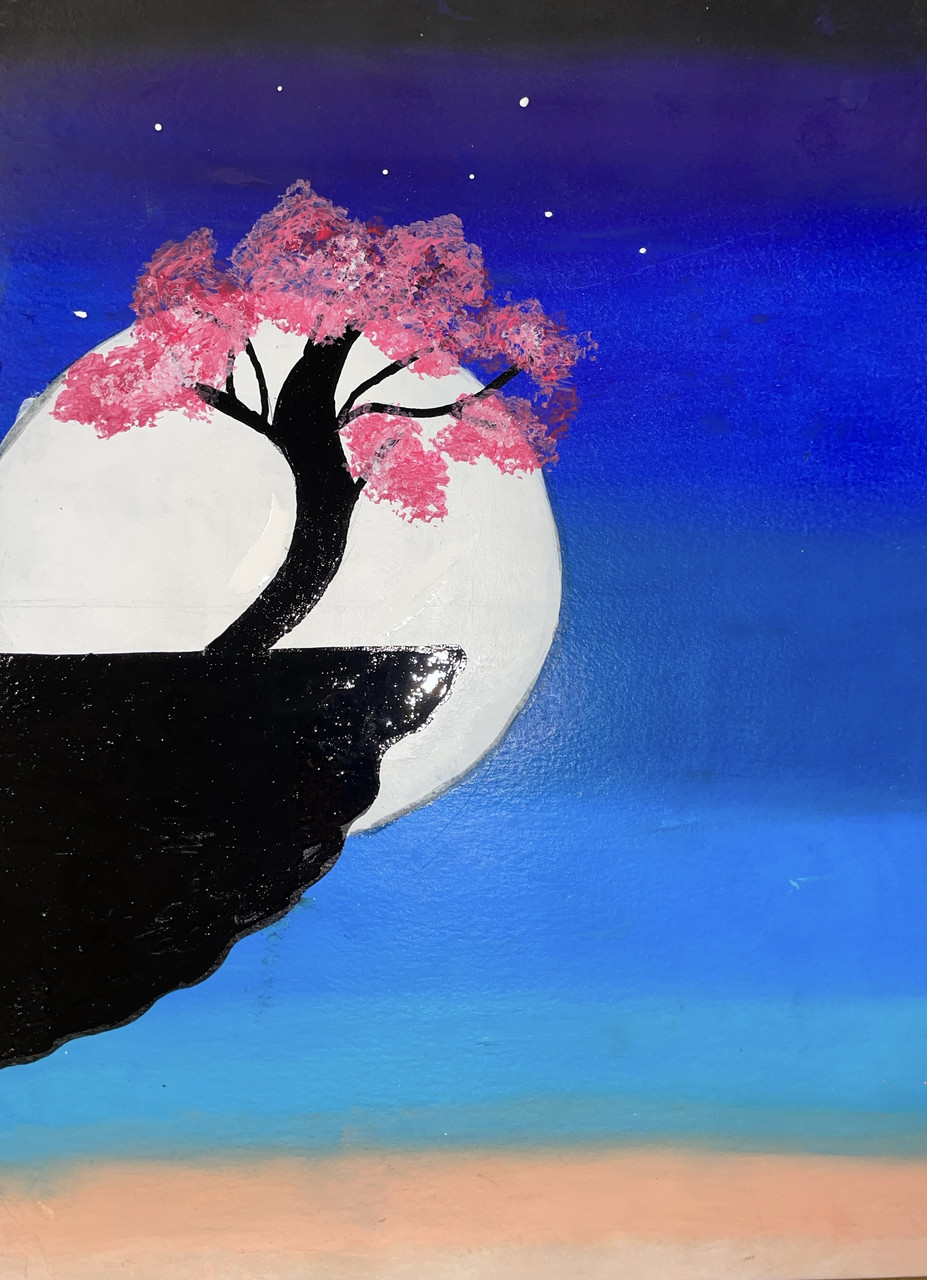 A scenic drawing of a cliff with a pink tree on the edge of the cliff. Behind the cliff is the moon with a blue sky background.