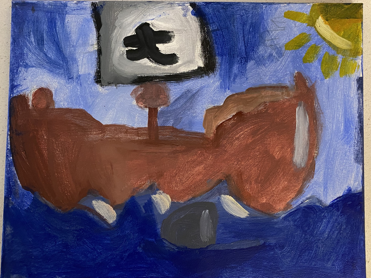 Painting of a brown pirate ship on a dark blue sea with a black and white flag. Behind the ship is a blue sky with a bright yellow sun.