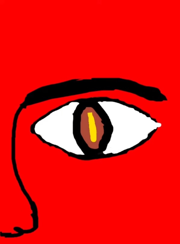 A brown and yellow eye is drawn on a red background. The brown eyebrow is above the eye and extends down the page.