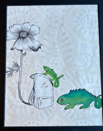 Black and white drawing of a backpack with a large flower emerging from it. A small green lizard climbs the backpack and another larger lizard stands outside. The background is a textured pattern.