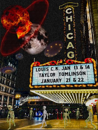 A digital collage of the exterior of the Chicago Theatre. There are aliens walking around the street and alien spaceships are flying around.