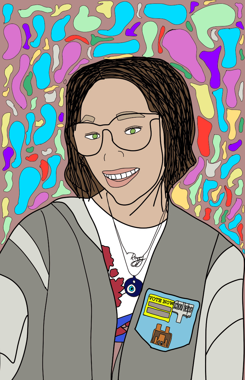 Digital drawing of a young person white a grey sweater, chin length hair, and classes in front of a multicolored background.