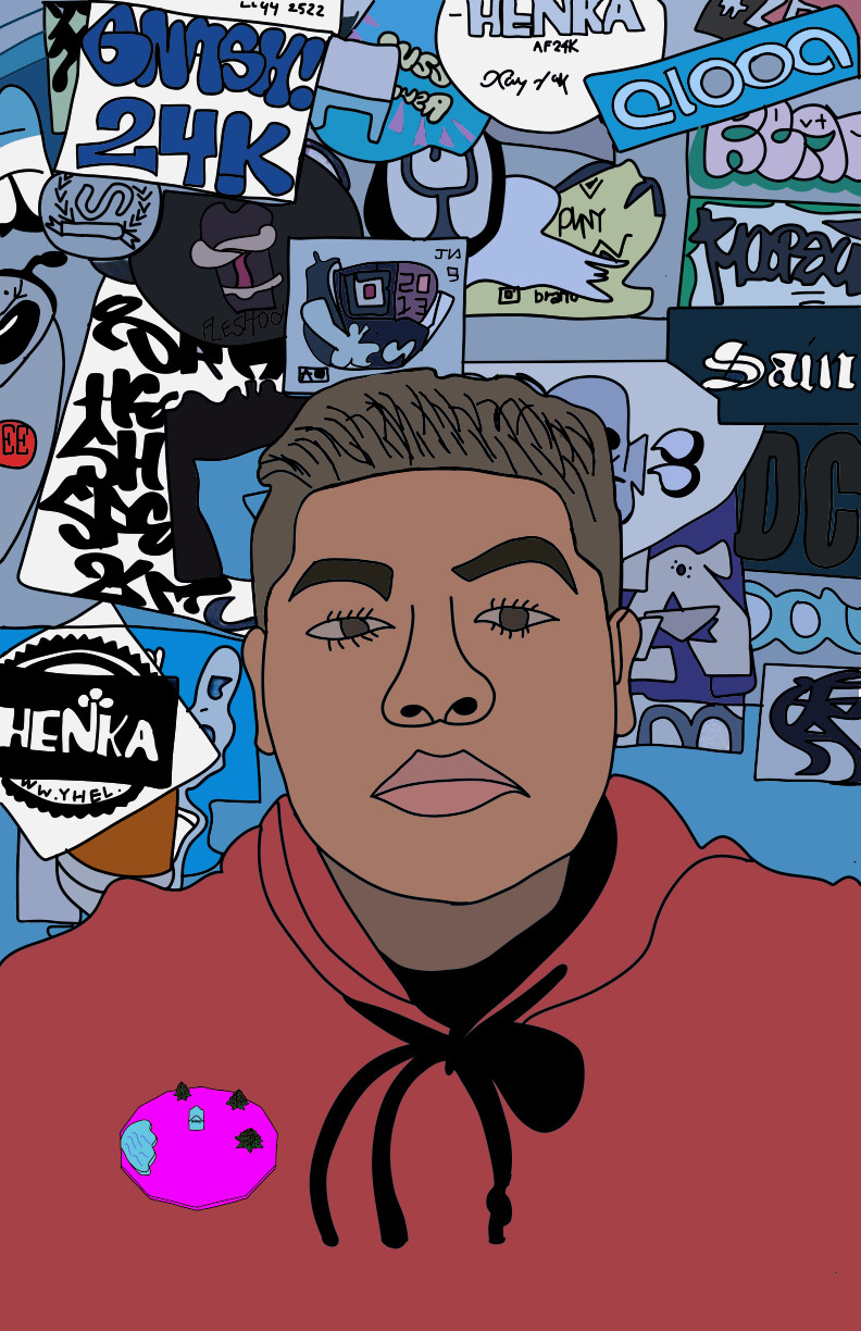 Digital image of a young man in a red hoodie. Behind him are many different blue signs that would be seen on a street.