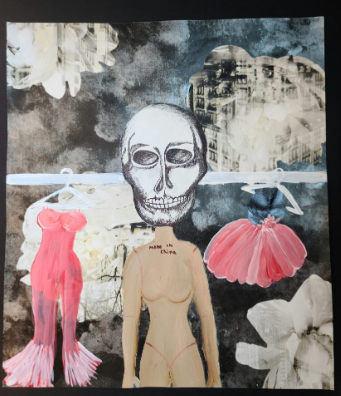A skull is drawn atop a naked doll body. It is surrounded by pink and white abstract shapes.