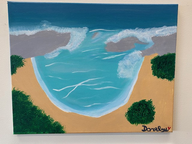 An acrylic painting of a beach in bird's eye view.