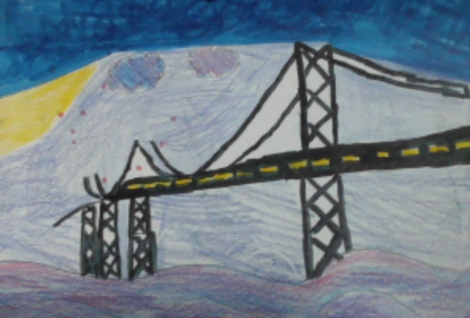 Drawing of a suspension bridge entering into a mountain.
