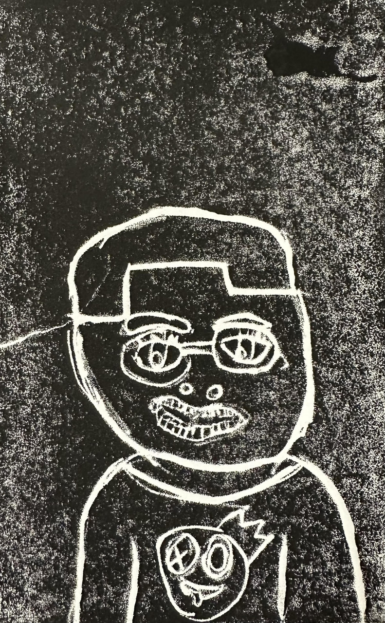 Black background. Person wearing a sideways baseball hat and a shirt with a face on it is outlined in white.