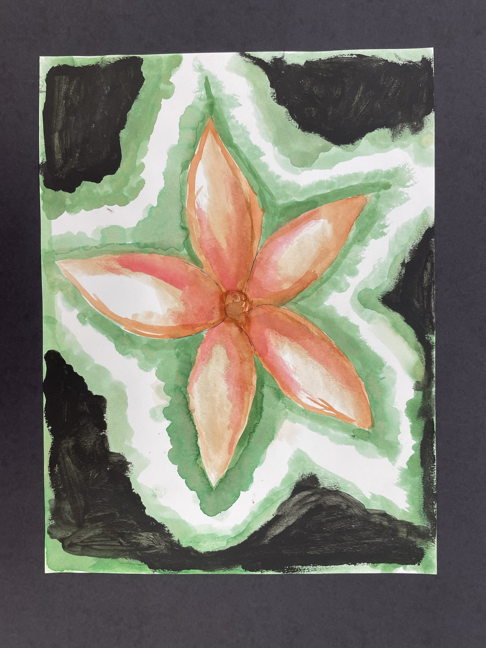 Painting of a flower. The inner petals are coral colored lined by green and white. Painted over a black background.