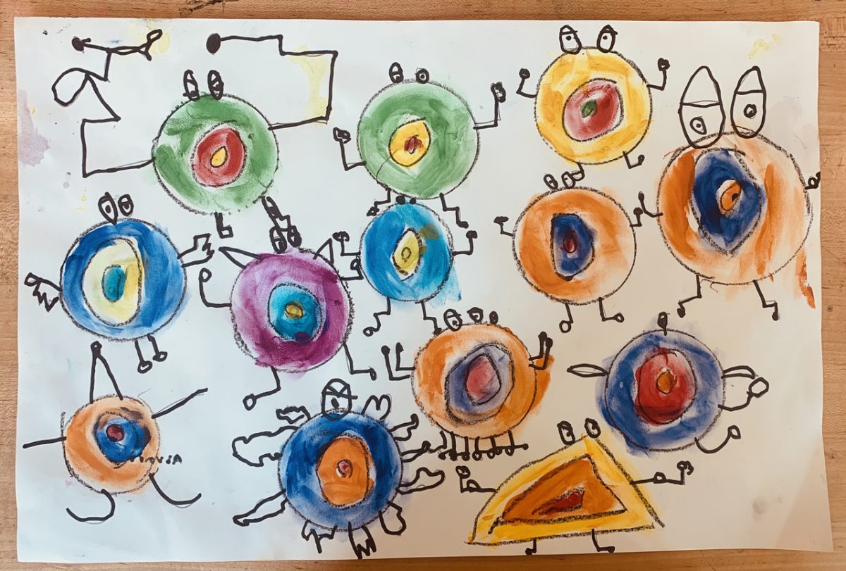 Shapes created by watercolor are turned into characters with arms and legs. There are many on the page.