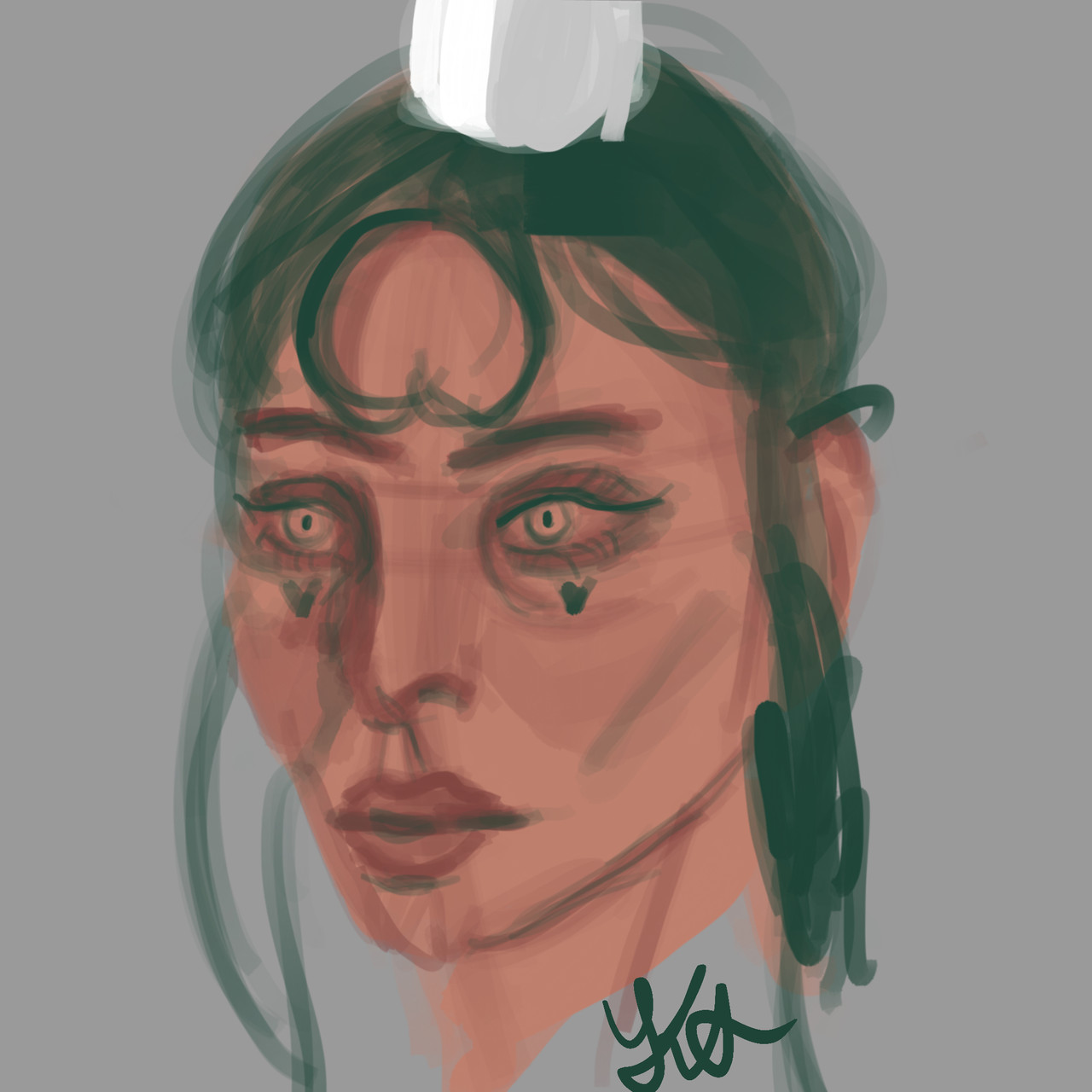 A digital painting of a woman with drawn hearts beneath her eyes. The woman is looking towards the viewer.