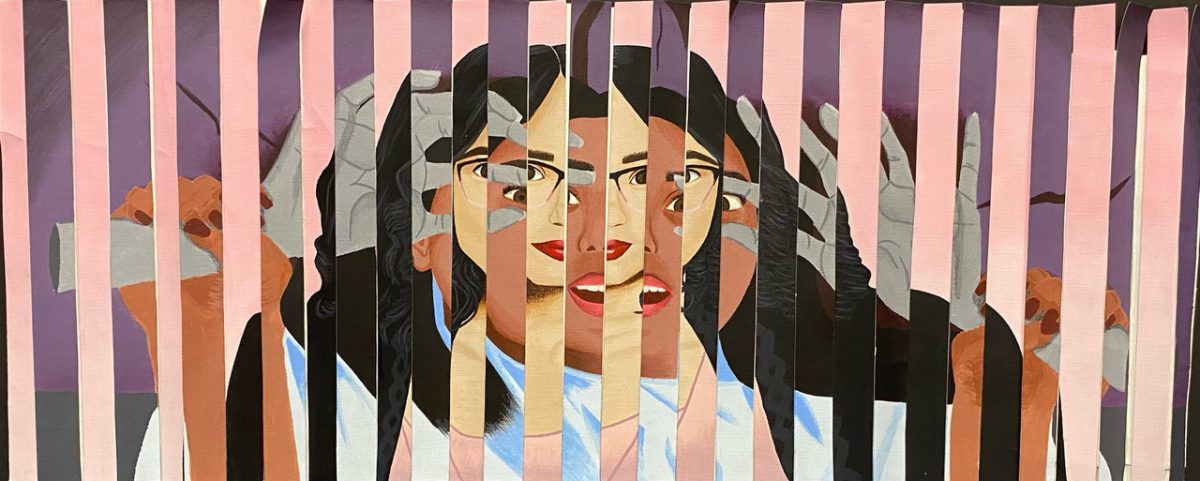 Strips of painted paper that alternate between two images of a woman.