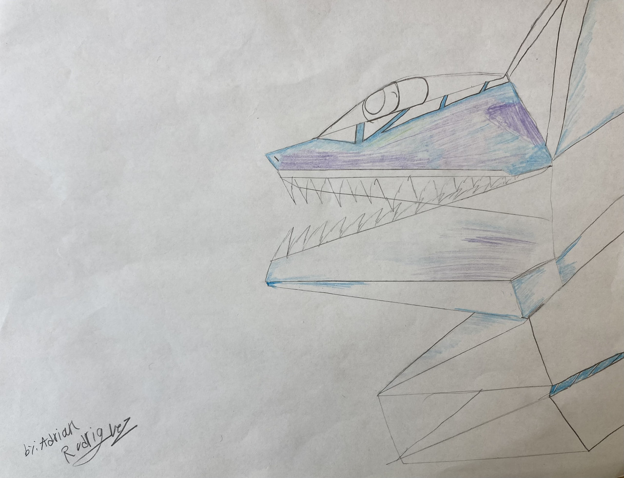 Drawing of a geometric character with sharp teeth. The character has blue and purple.