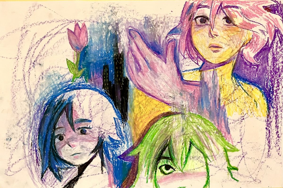 Oil pastel drawing of 3 figures in blue, green and pink. There is tulip flower on top of the blue figure.