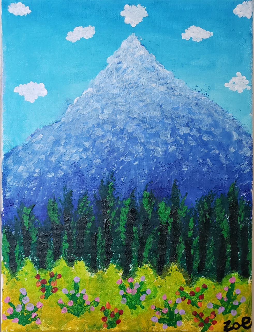An ombre blue mountain is the background for a floral meadow scene with bright green trees and colorful flowers.