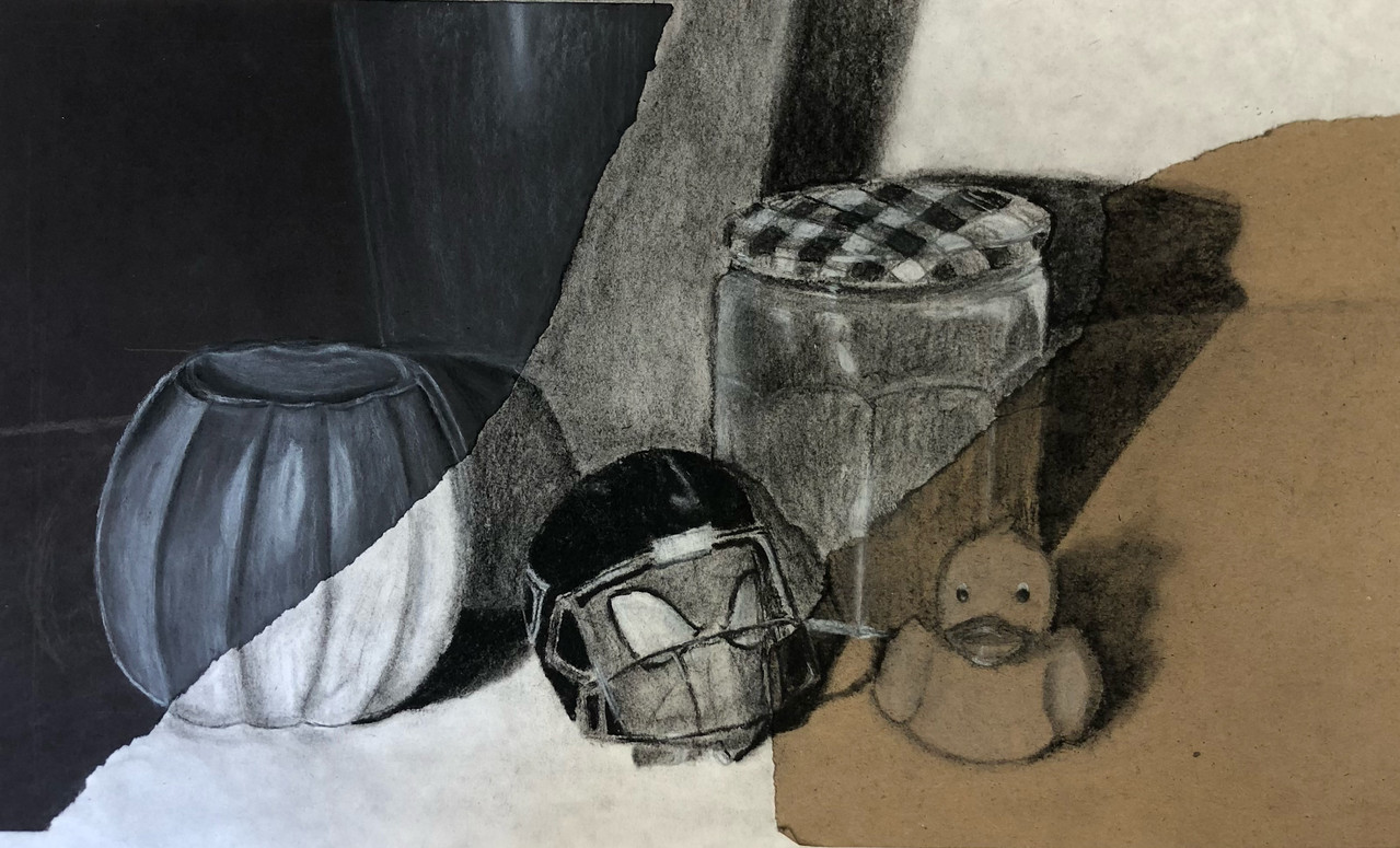 A charcoal still life drawing of a jar, helmet, rubber ducky and other miscellaneous objects.