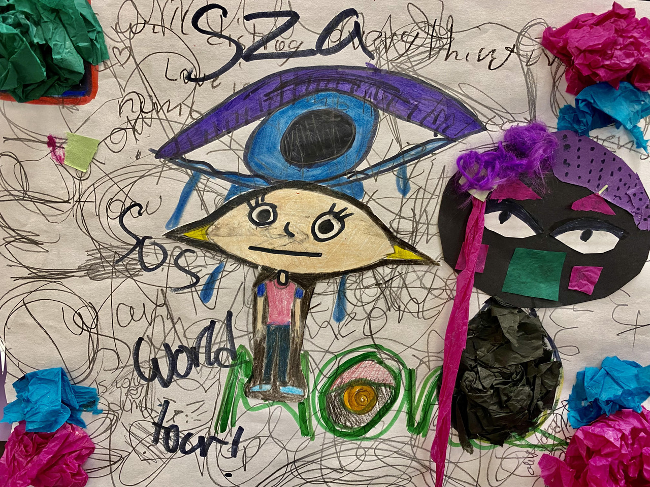Abstract art piece. At the center is a figure with a large blue and purple eye above them. The letters "SZA" is above and there is another brown figure to the right.