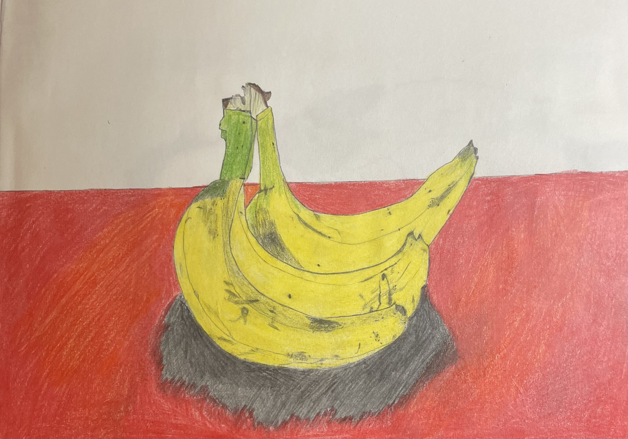 A painting of 3 bananas on a red table.