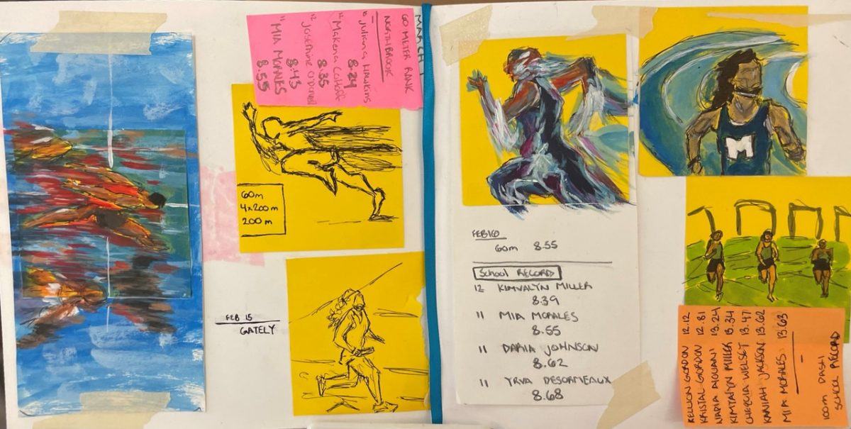 A mixed media piece with yellow, orange, pink and white paper. There is a painting on the left taped onto the paper. There are two paintings of people in motion running on yellow papers taped onto the white paper.