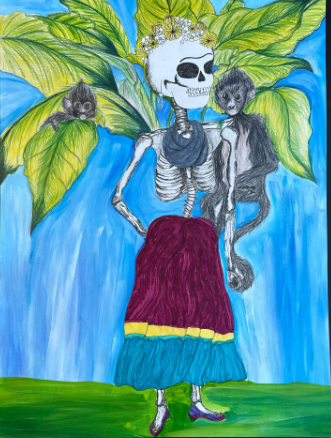 Skeleton is drawing wearing a skirt. She stands in front of a blue background and has a monkey on her shoulder.