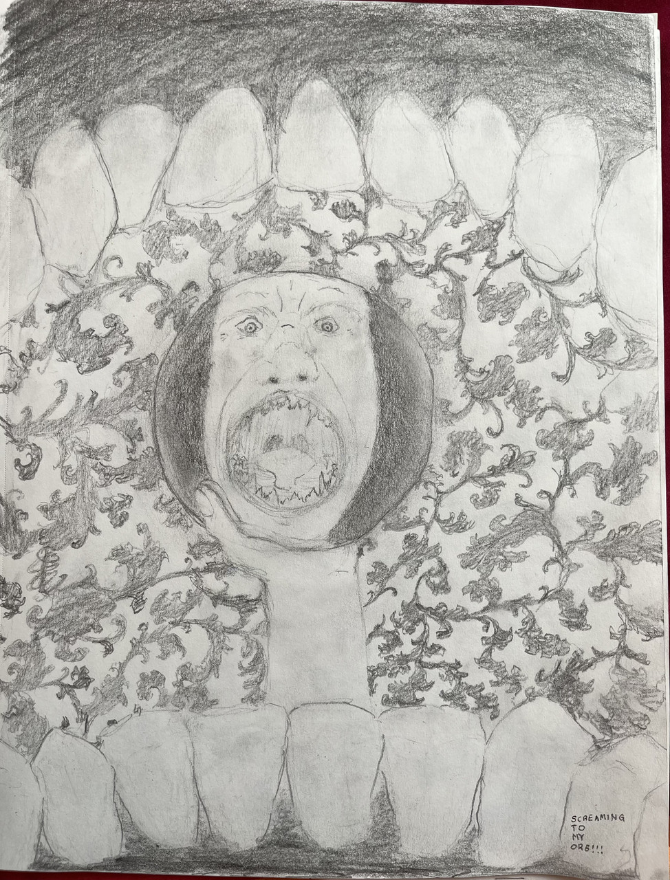 A pencil drawing of teeth surrounding the top and bottom part of the piece. An arm reaches out from the bottom holding a mirror reflection of a person screaming.
