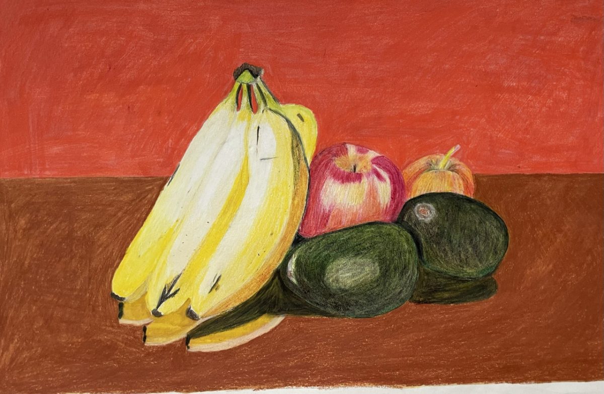 A still life drawing made with colored pencils on paper. There is a red background with a brown table. On the table are bananas, apples and avocados.
