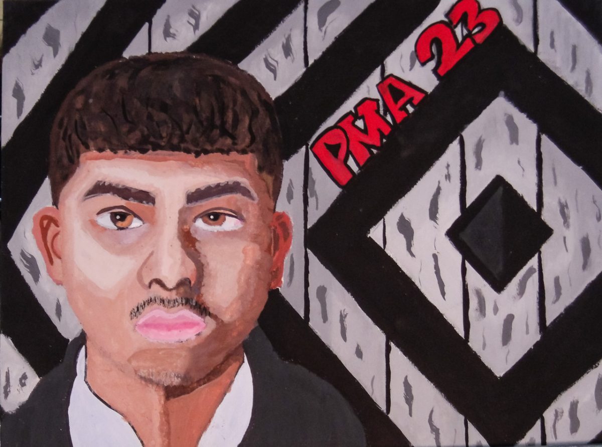 A self portrait painting of a boy with serious facial expression, short hair and a mustache. The background has a black and white diamond pattern with PMA 34 written in red.