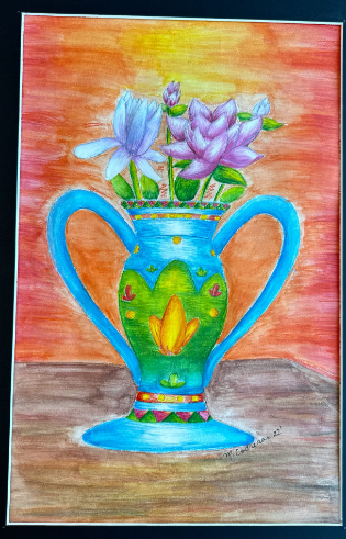 Painting of flowers in a blue vase. The background is orange and yellow.