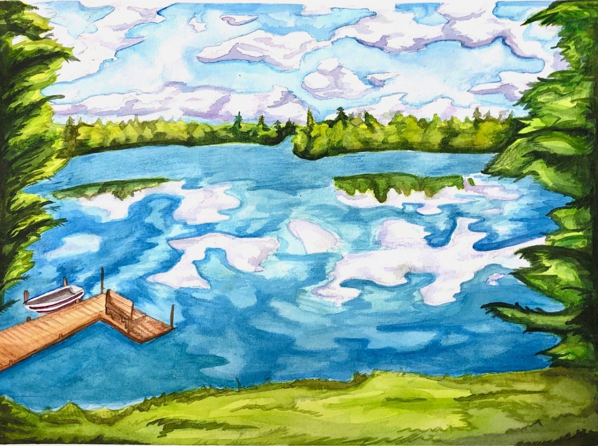 A lake with a dock and rippling waves.
