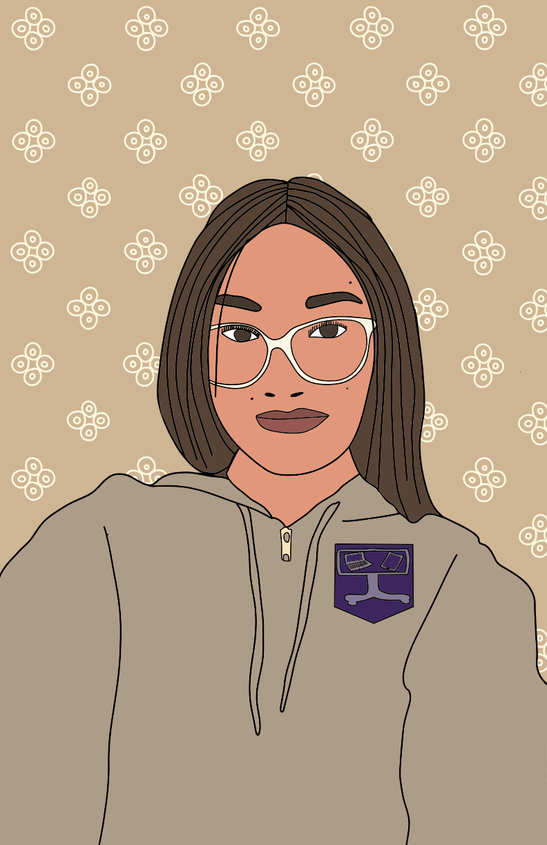 A young woman wearing a grey hoodie and white glasses is illustrated in front of a brown background with white polka dots. She wears a blue badge on her sweater.