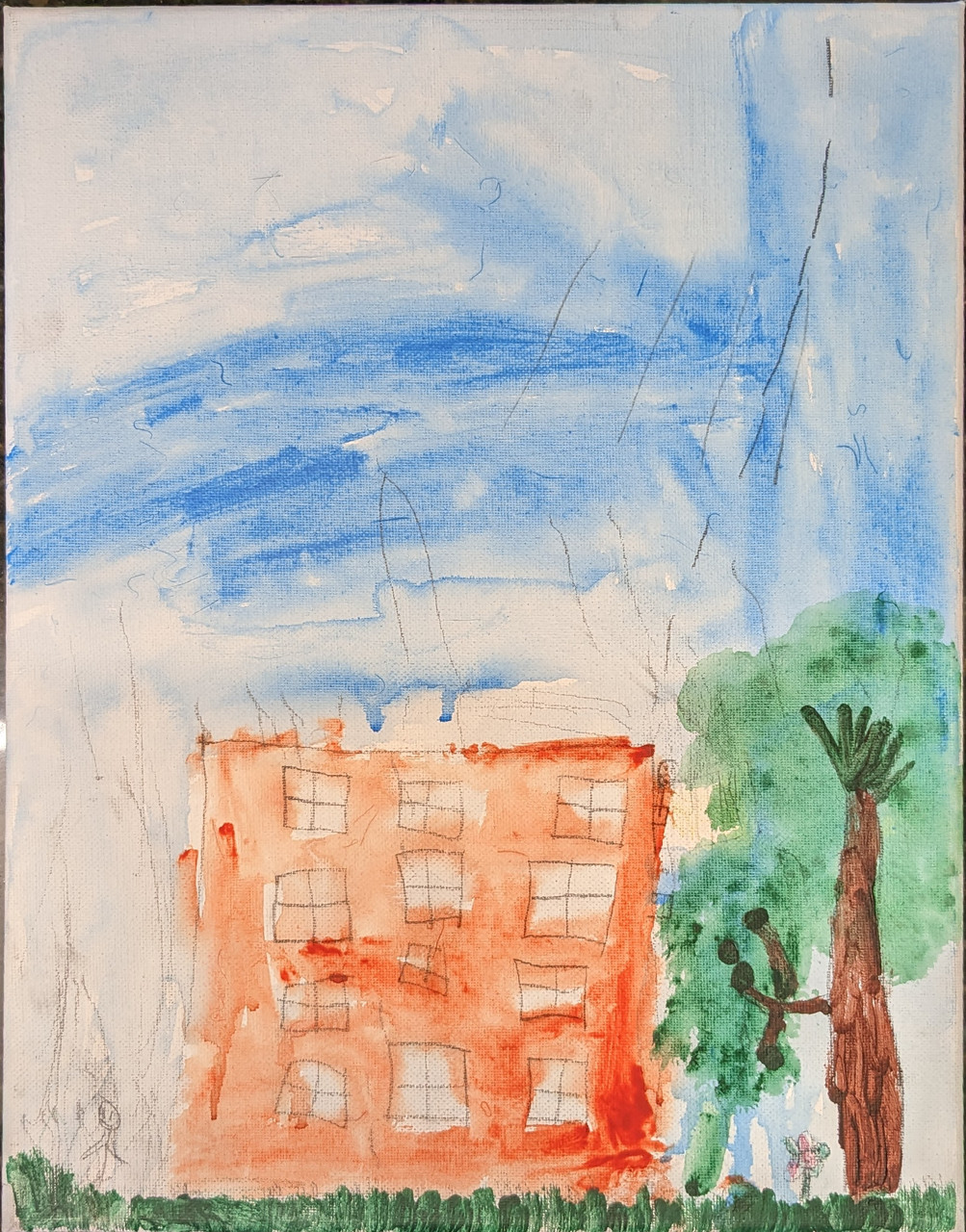 Painting of an orange building net to a tree with green leaves. The sky above is a smear of blue and white.