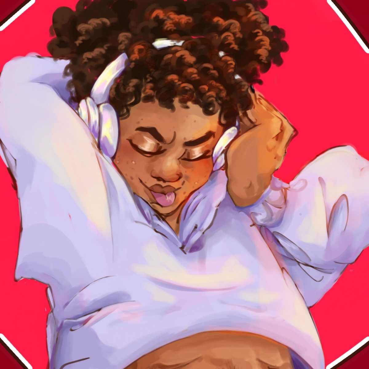 A digital artpiece of a person with a lavender colored hoodie with headphones on listening to music. Their eyes are shut.