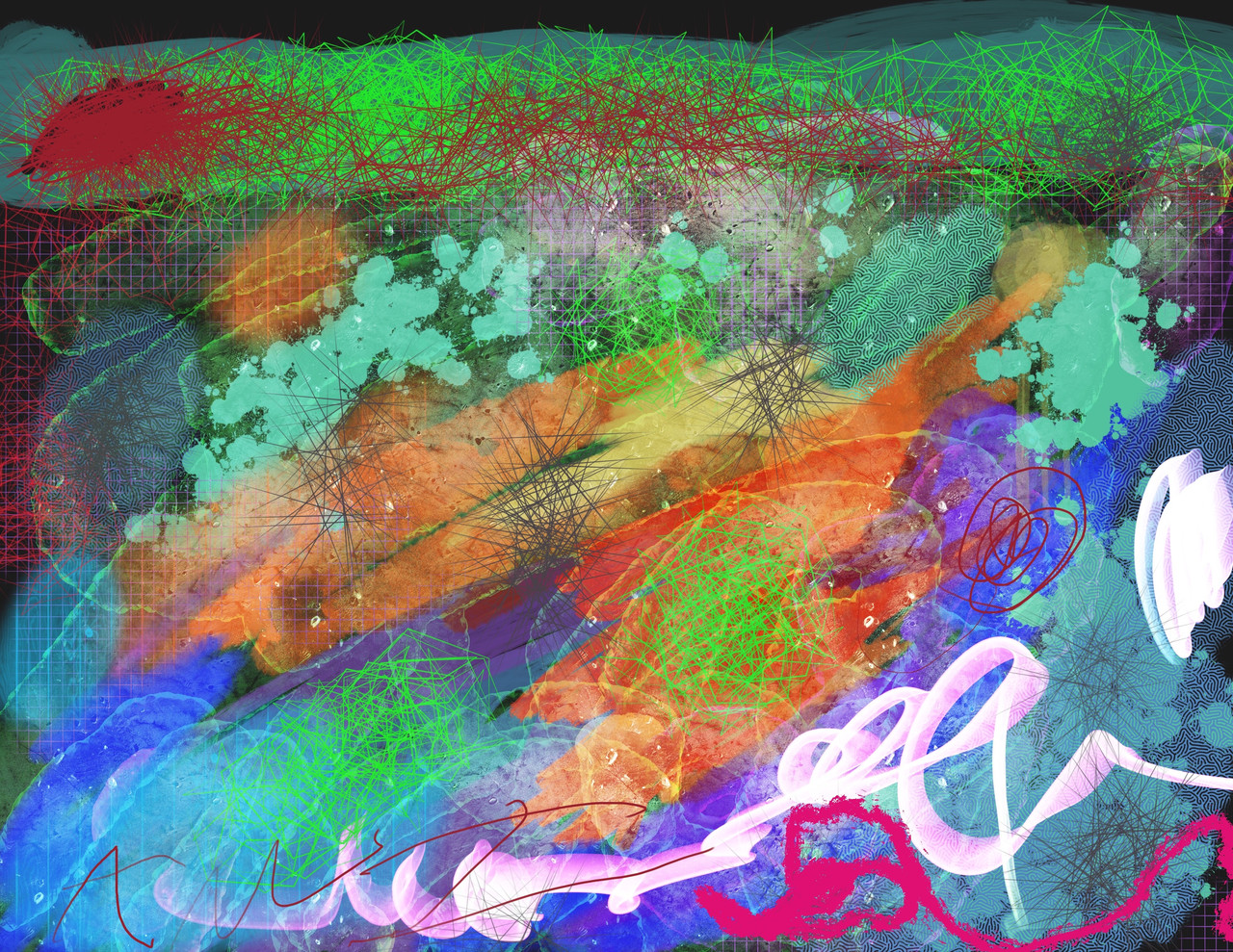 Abstract digital art with many colors and some speckled texture.