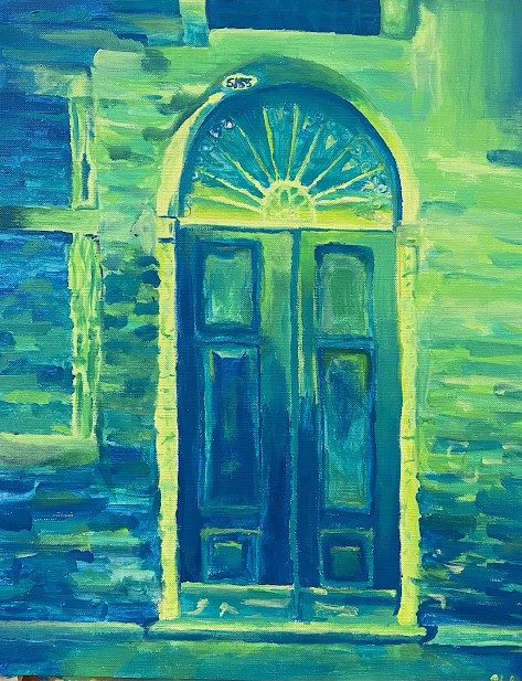A color scheme green and blue painting of an exterior door with glass in the shape of a semicircle.