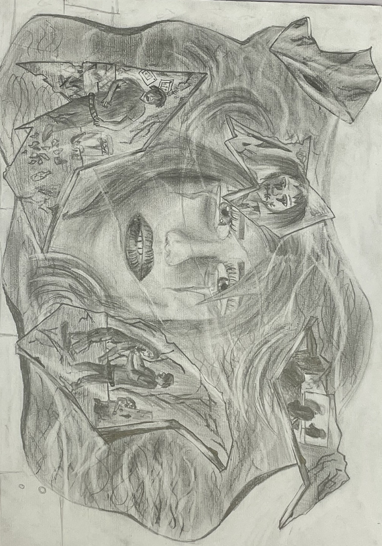 A pencil drawing of a person's face. Around the face are different scenes drawn from the person's life.