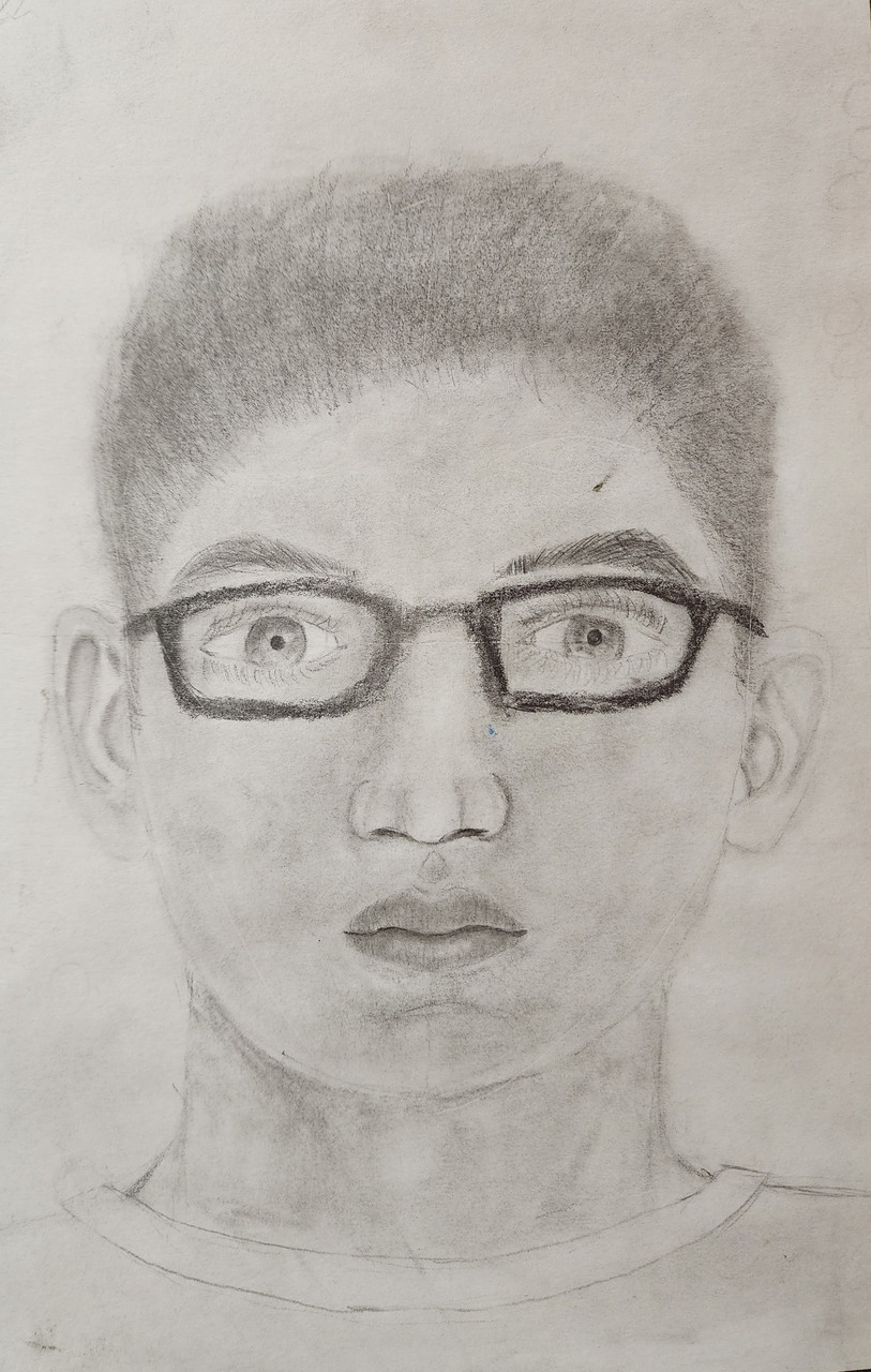 A graphite drawing of a person with glasses.
