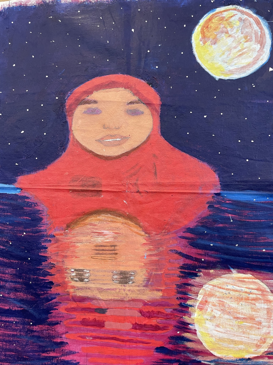 An acrylic painting of a woman wearing a red hijab with moon in the background and a dark starry sky. The bottom half of the painting has a water like reflection of the woman.