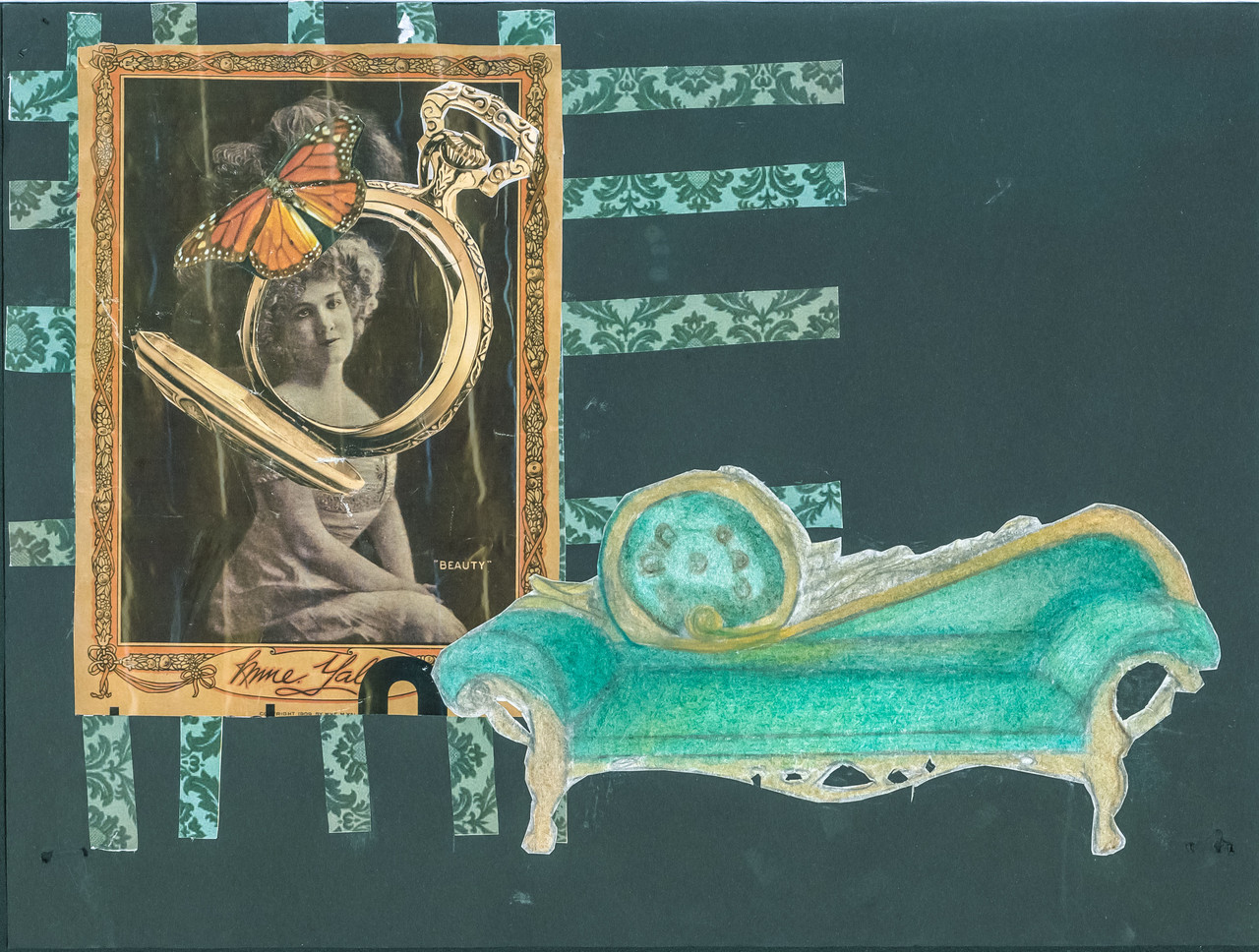 A collage of a vintage chaise and an old black and white photograph of a woman. Around the woman's head is a diamond ring and a butterfly.