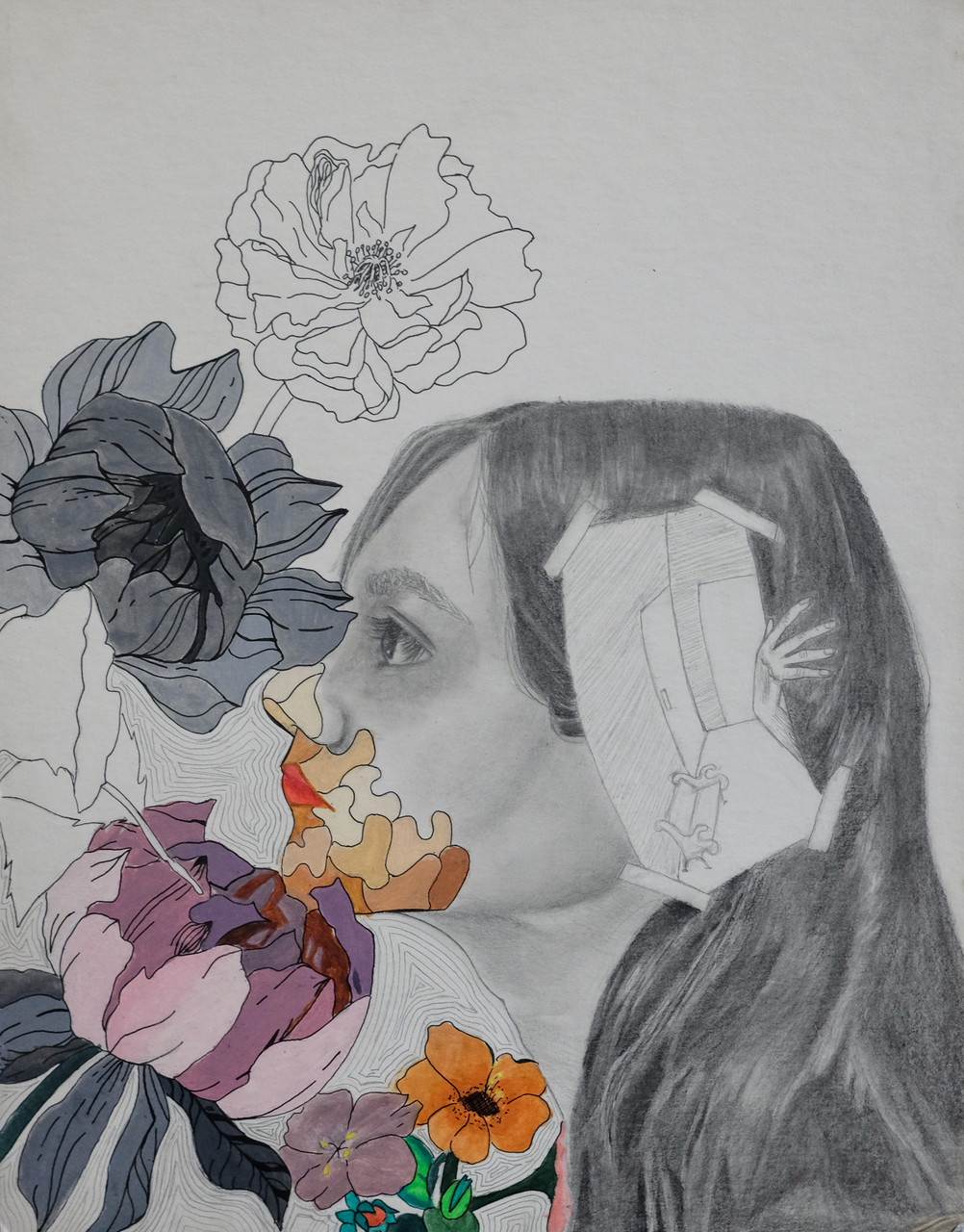 A woman smells flowers as her face becomes part of them.