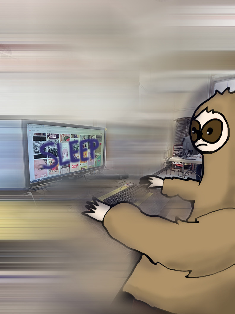 A digital collage of a sloth sitting at a computer. The computer says SLEEP. Everything around the sloth and computer is blurred.