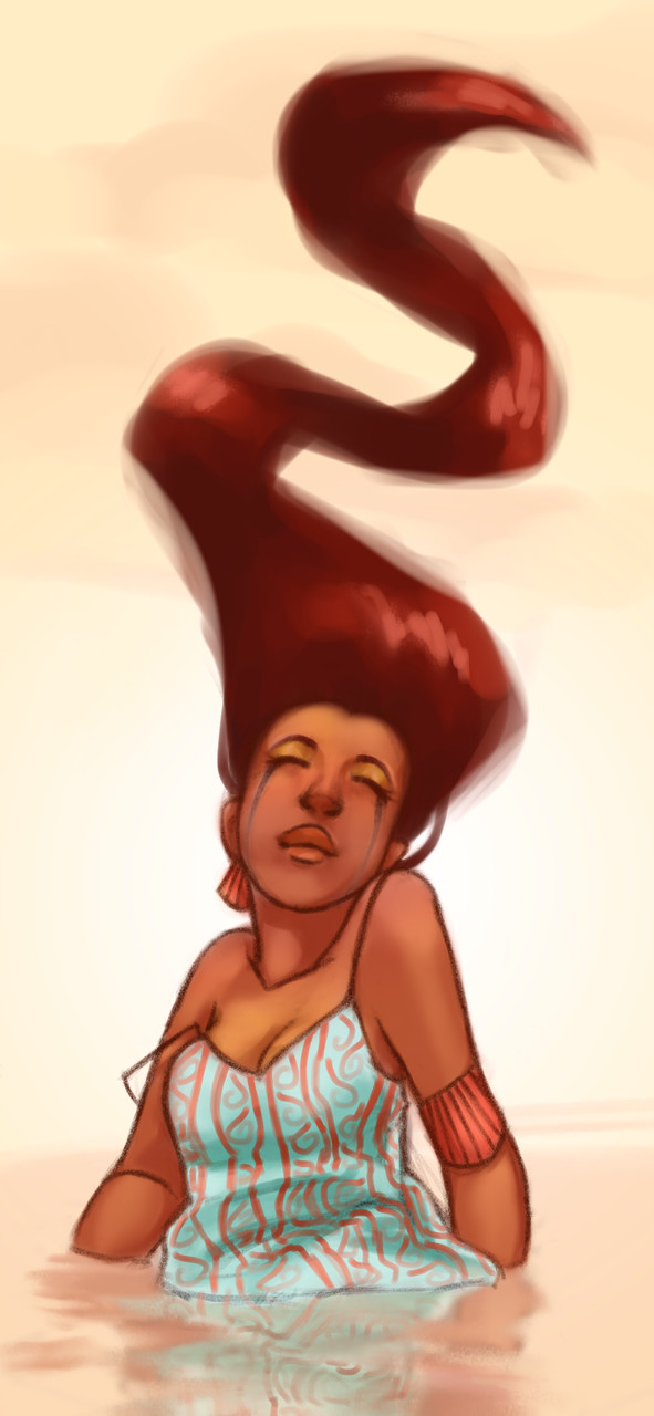 A digital piece of a woman standing in water with her eyes closed and hair flowing upwards.